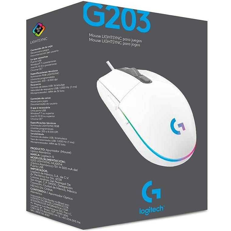 Mouse Gamer Logitech G203 RGB LIGHTSYNC, 6 botones programables, 8.000 DPI, Blanco 4