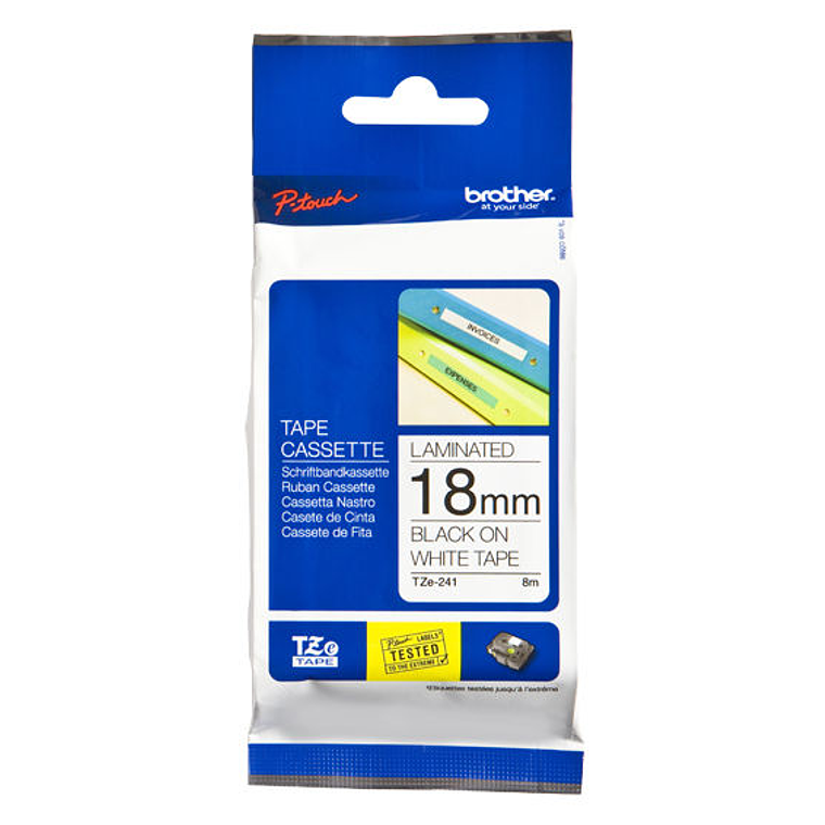 Cinta laminada Brother Texto negro sobre fondo blanco (TZE-241) 18mm 1