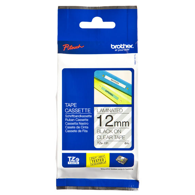 Cinta laminada Brother Texto Negro sobre fondo transparente 12mm TZE-131 1