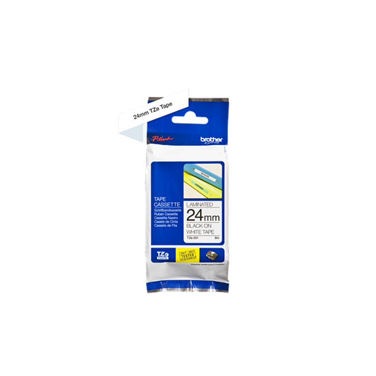 Cinta laminada Brother TZE-251 Texto negro sobre fondo blanco 2