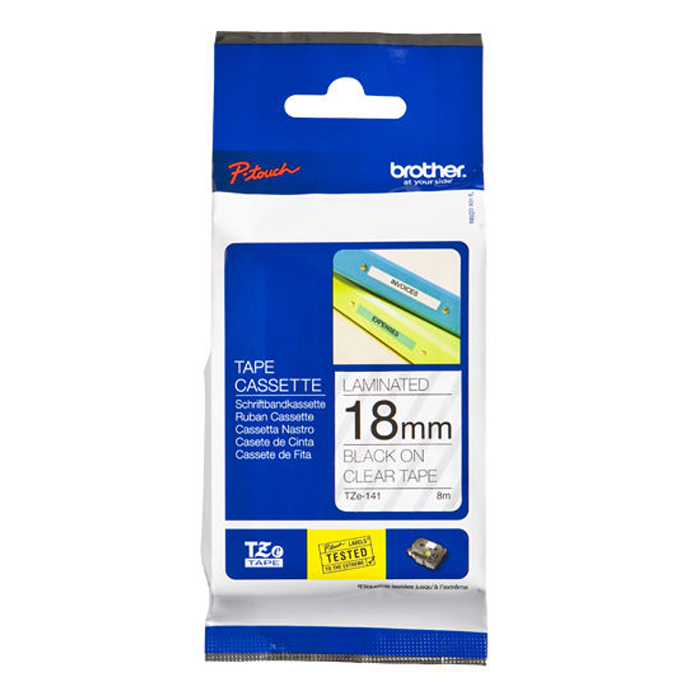 Cinta laminada TZE-141 18 mm negro sobre cinta transparente 1