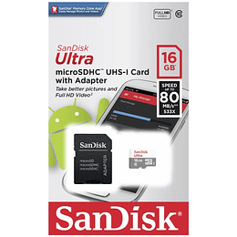 Memoria SanDisk Micro SDHC UHS-I U1 de 16 GB, clase 10, Incluye adaptador SD.