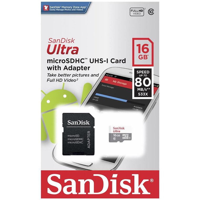 Memoria SanDisk Micro SDHC UHS-I U1 de 16 GB, clase 10, Incluye adaptador SD. 1