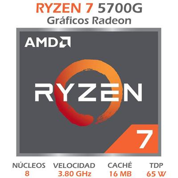 Procesador AMD Ryzen 7 5700G | 8-Core, 3,8Ghz (Max boost 4.6Ghz), Socket AM4, Radeon Vega Graphics 2