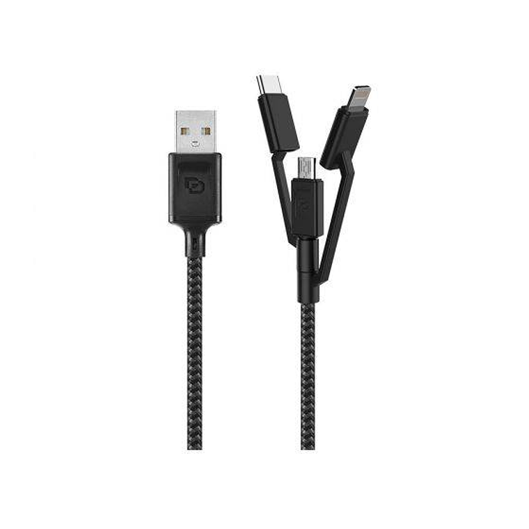 Cable 3-en-1 USB-C, Micro USB y Lightning MFi a USB-A 1.5 Mt Rugged Dusted negro 1