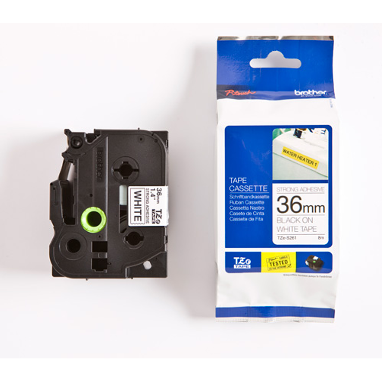 Cinta laminada superadhesiva Brother TZES261 Texto negro sobre fondo blanco 1