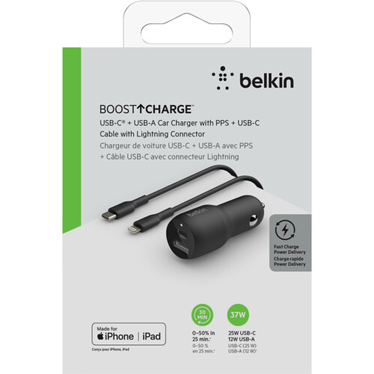 Adaptador de corriente para el coche - 37 vatios - PD 3.0 - 2 conectores de salida (USB, 24 pin USB-C) 5