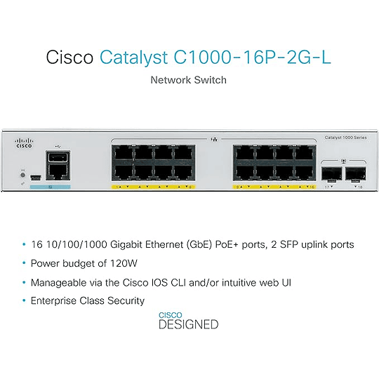 Switch 2 puertos Cisco Catalyst 1000, 16 puertos GE PoE, 1G SFP
