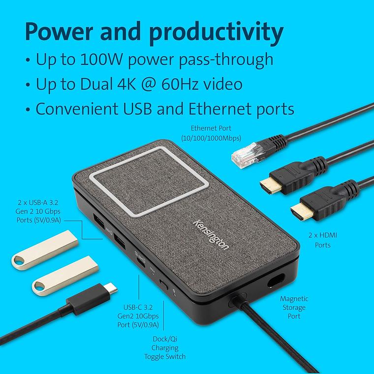 Estación de acoplamiento HDMI dual 4K para iPad y Mac USB-C con carga Qi 8
