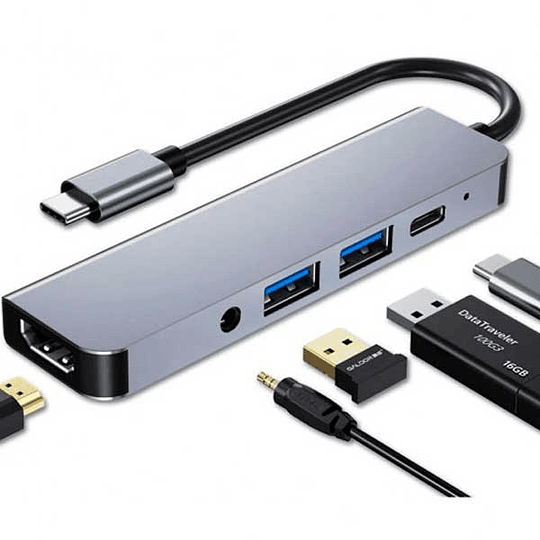 Adaptador Multipuerto GTC BYL-2009 (USB-C a HDMI/USB-C/Jack 3.5mm+USB)