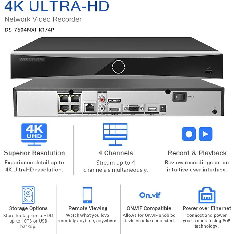 Grabador de video en red Hikvision (Standalone NVR, 4 Video Channels, Networked - K Series AcuSense 4K) 2