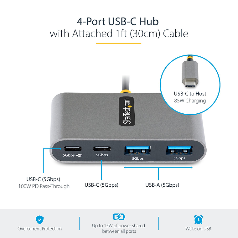Hub USB-C de 4 puertos con transferencia de suministro de energía de 100 W - 2x USB-A + 2x USB-C - USB 3.0 de 5 Gbps 4