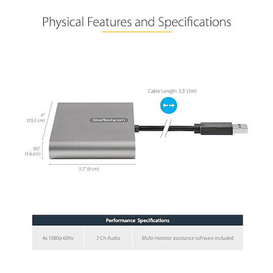 Adaptador USB 3.0 a 4 Puertos HDMI - Tarjeta Gráfica y de Vídeo Externa