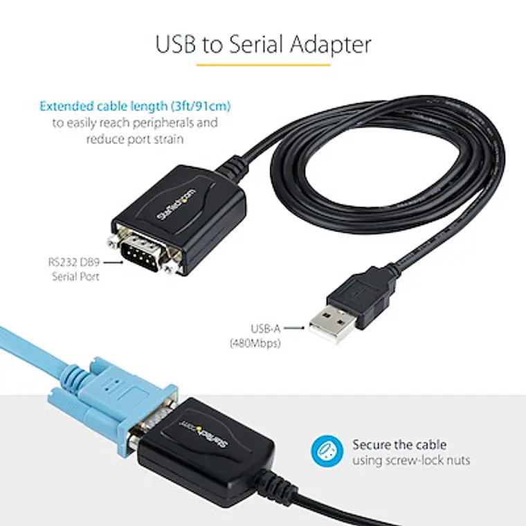 Cable de 91cm USB a Serie con Retención de Puerto COM, Conversor DB9 RS232 Macho a USB 2