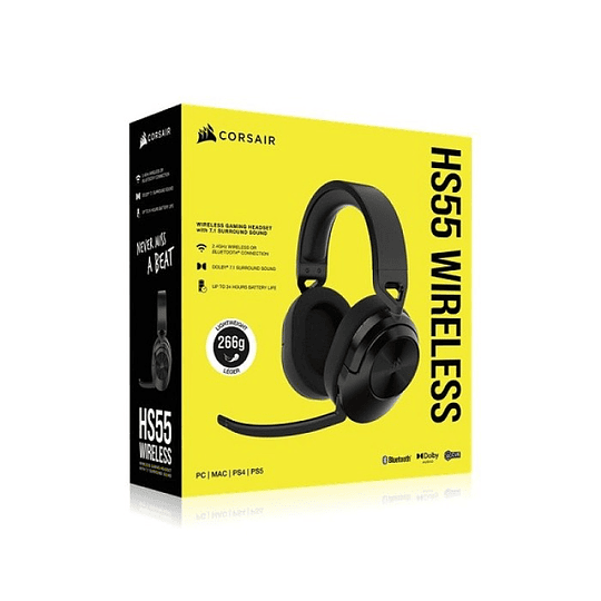 Audífonos Gamer Corsair HS55 Wireless (Bluetooth, Dolby Audio 7.1, USB, Carbon)