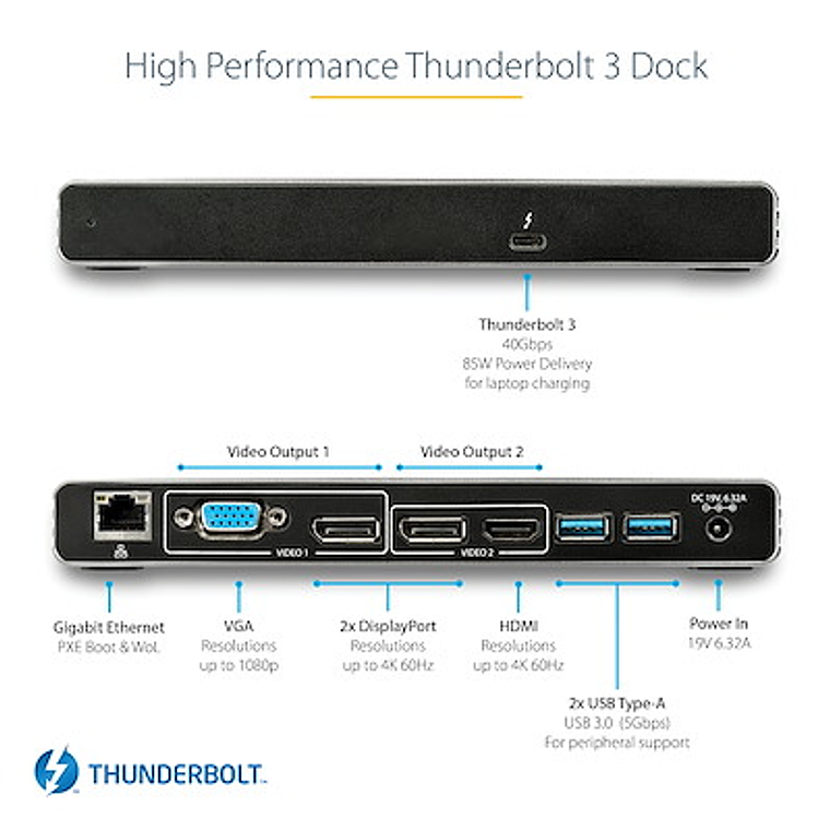 Docking Thunderbolt 3 StarTech (2x 4K 60Hz Monitor TB3 con DP, HDMI & 1080p VGA - 85W Power) 6