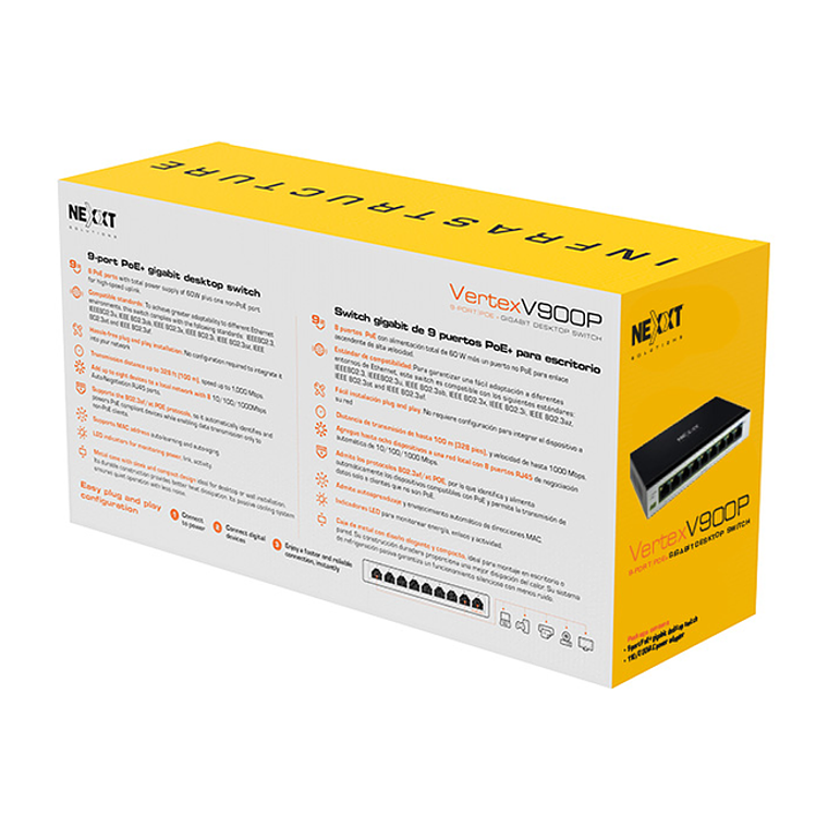 Switch 10 puertos Nexxt VertexV900P 9 Port POE+ Gigabit Switch 120W 4