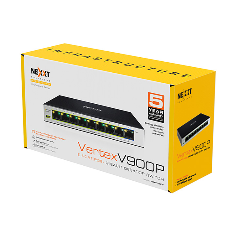Switch 10 puertos Nexxt VertexV900P 9 Port POE+ Gigabit Switch 120W 3