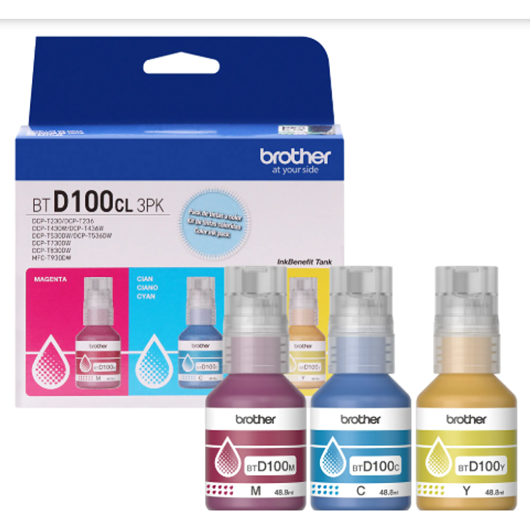 Botellas de Tinta Brother (Pack de 3 botellas de Tinta Color) BTD100 C/M/Y 1