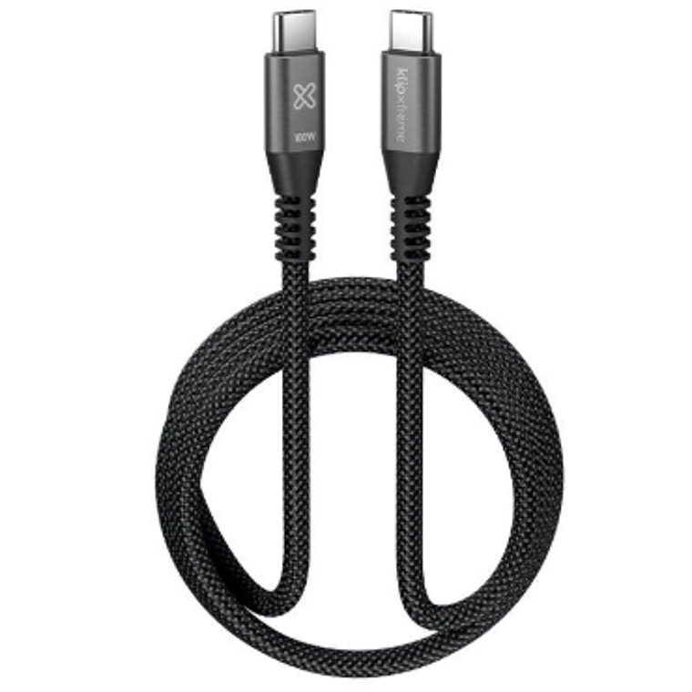 Cable USB 1.8 metros - USB-C a USB-C, negro, trenzado, carga rápida 100W, Klip Xtreme 1