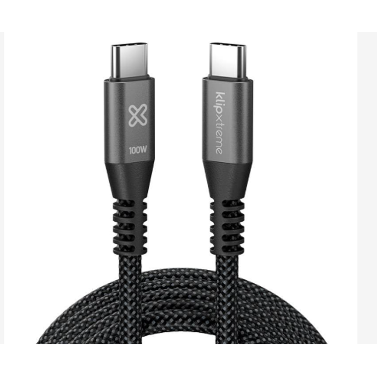 Cable USB 1.8 metros - USB-C a USB-C, negro, trenzado, carga rápida 100W, Klip Xtreme 2