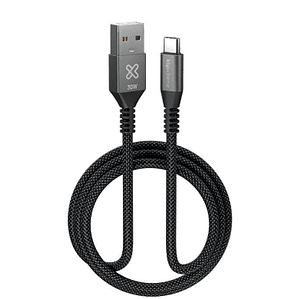 Cable USB Klip Xtreme 1.8 metros – USB-C a USB-A, negro, trenzado, carga rápida 30W, Klip Xtreme