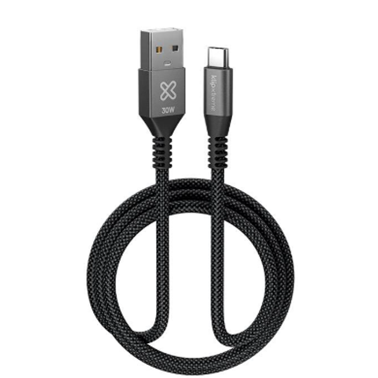 Cable USB Klip Xtreme 1.8 metros – USB-C a USB-A, negro, trenzado, carga rápida 30W, Klip Xtreme 1