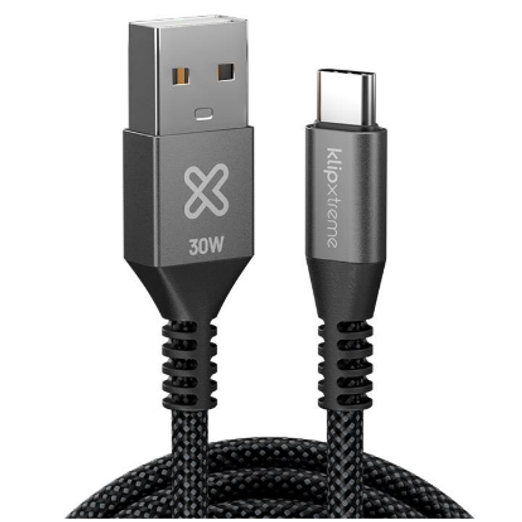 Cable USB Klip Xtreme 1.8 metros – USB-C a USB-A, negro, trenzado, carga rápida 30W, Klip Xtreme 2