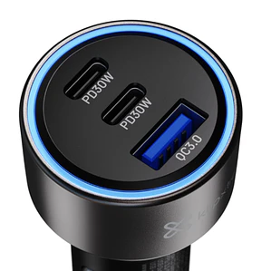 Adaptador auto Klip Xtreme 60W – 2×USB-C, 1×USB-A, carga rápida dispositivos móviles, Klip Xtreme 