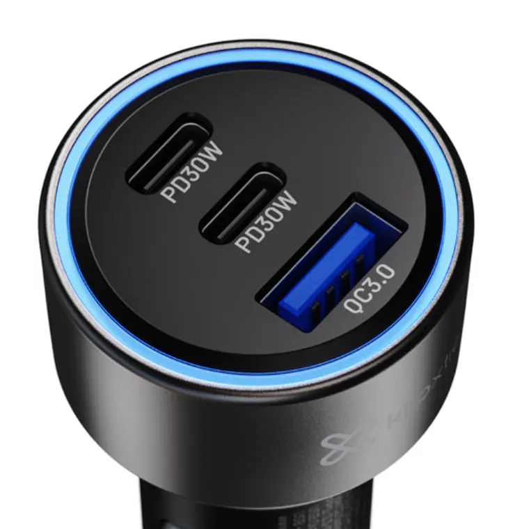 Adaptador auto Klip Xtreme 60W – 2×USB-C, 1×USB-A, carga rápida dispositivos móviles, Klip Xtreme  1