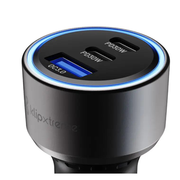 Adaptador auto Klip Xtreme 60W – 2×USB-C, 1×USB-A, carga rápida dispositivos móviles, Klip Xtreme  2