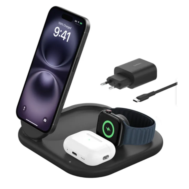 Base de carga 3 en 1 inalámbrica plegable Belkin negra 1