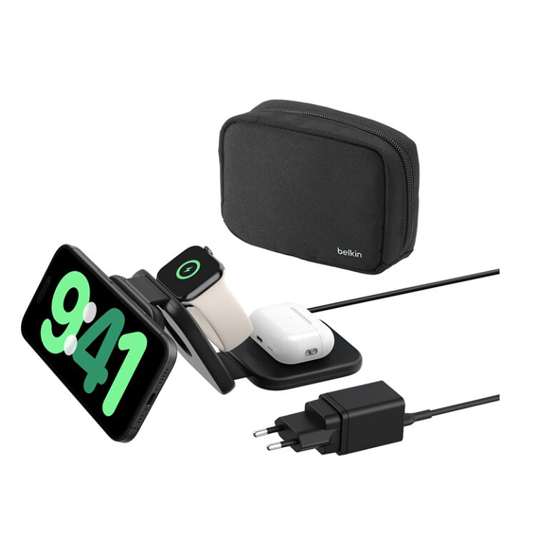 Base de carga 3 en 1 inalambrica plegable de viaje Qi2 Belkin negra 1