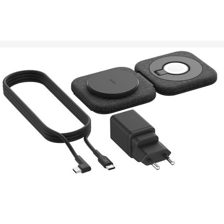 Base de carga 2 en 1 inalambrica plegable de viaje Qi2 Belkin negra 1