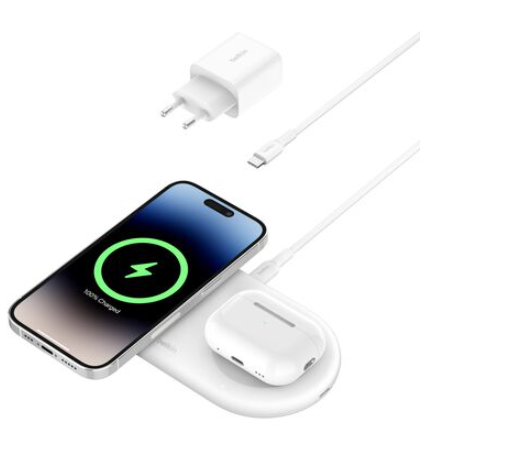 Base de carga 2 en 1 inalambrica plana Qi2 con USB-C Blanca