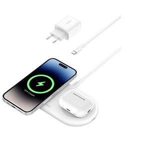 Base de carga 2 en 1 inalambrica plana Qi2 con USB-C Belkin blanca