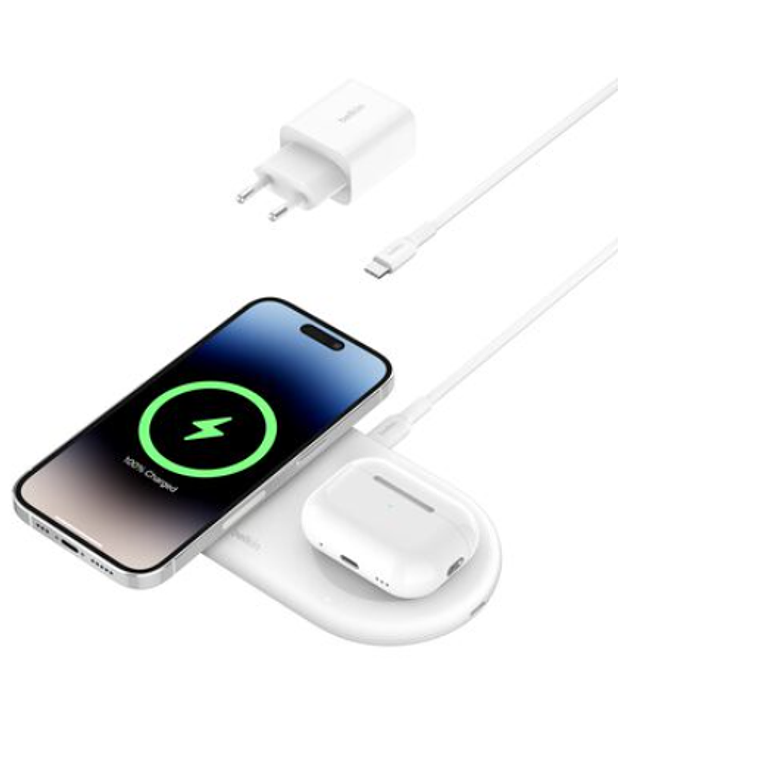 Base de carga 2 en 1 inalambrica plana Qi2 con USB-C Belkin blanca 1