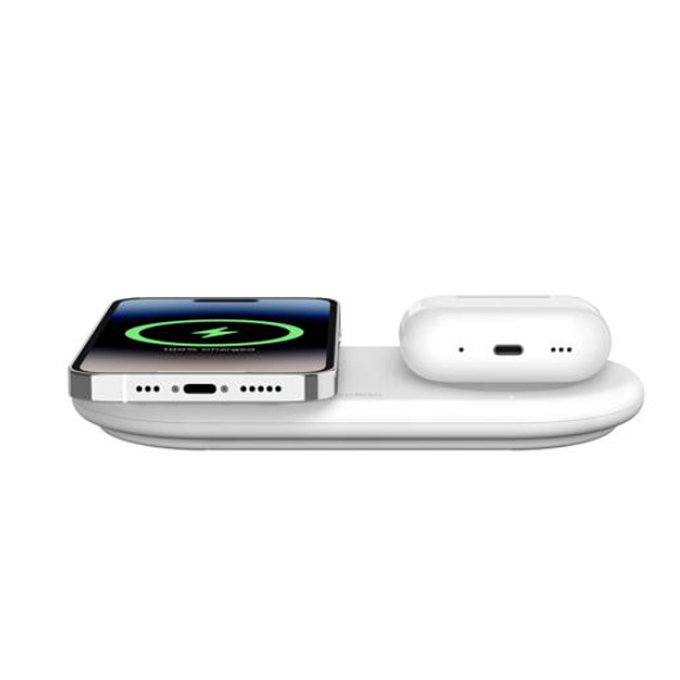 Base de carga 2 en 1 inalambrica plana Qi2 con USB-C Belkin blanca 2