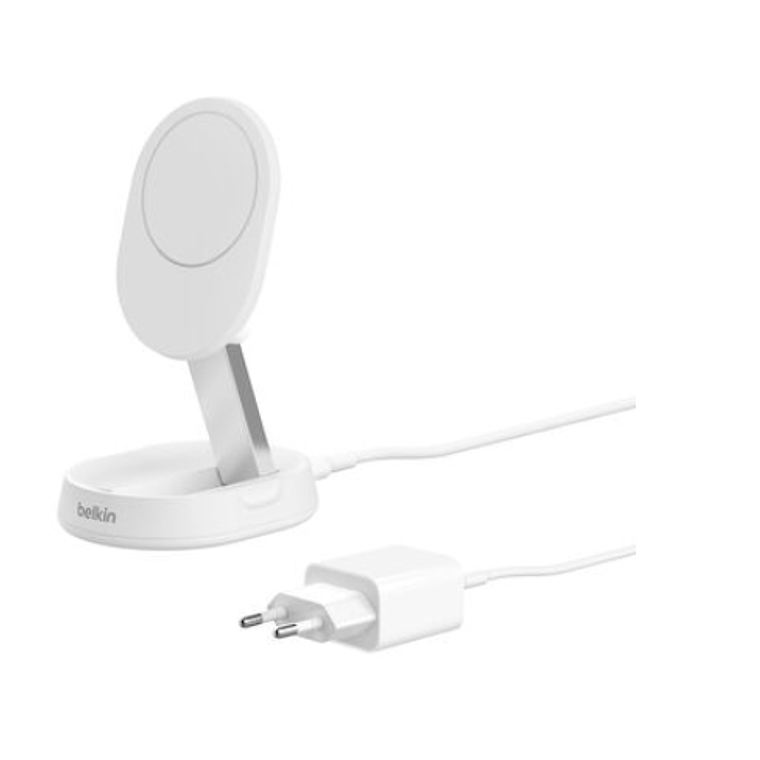 Base de carga 2 en 1 inalámbrica plegable Qi2 15 W Belkin blanca 1