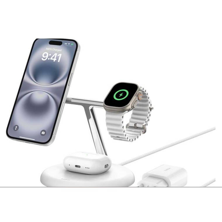Base de carga 3 en 1 BoostCharge Qi2 15W Belkin blanca 1