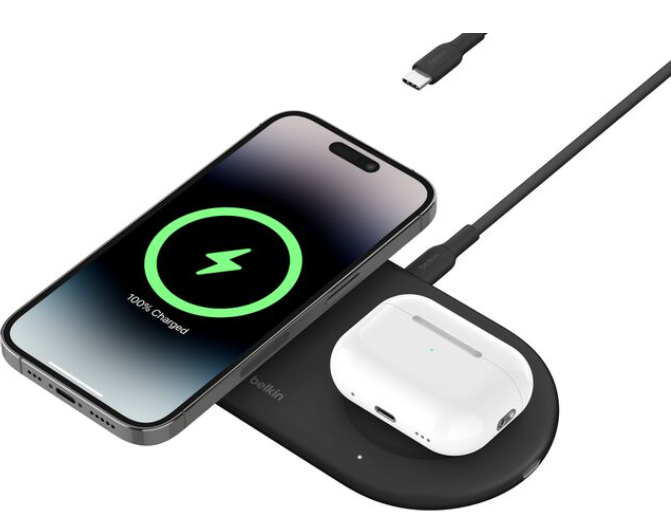 Base de carga 2 en 1 inalambrica plana Qi2 con USB-C Negra