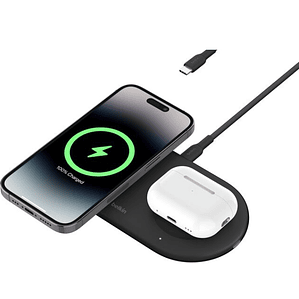 Base de carga 2 en 1 inalambrica plana Qi2 con USB-C Belkin negra