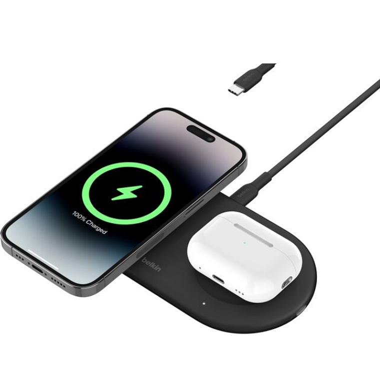 Base de carga 2 en 1 inalambrica plana Qi2 con USB-C Belkin negra 1