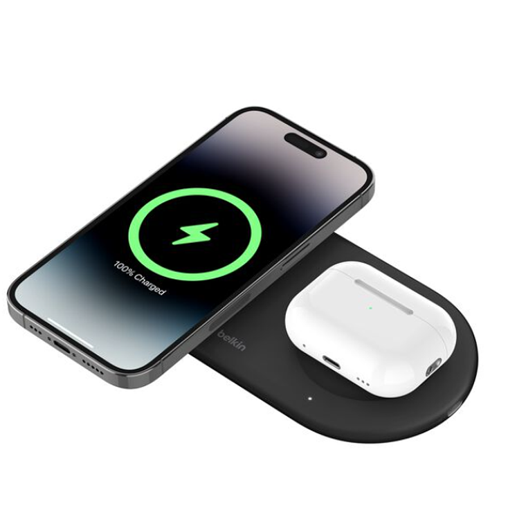 Base de carga 2 en 1 inalambrica plana Qi2 con USB-C Belkin negra 2