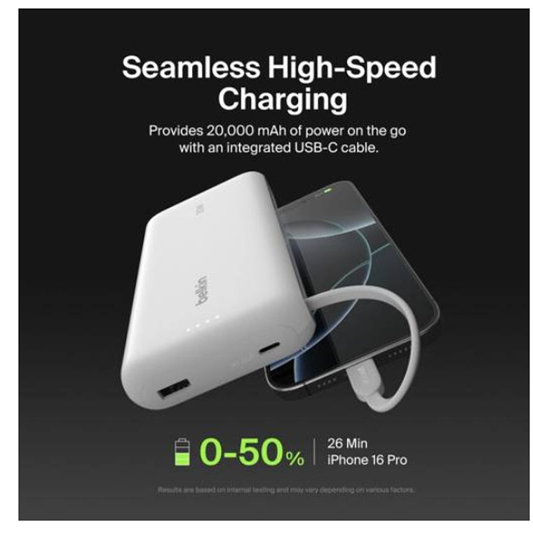 Batería 20.000 mAh 30W PD con cable USB-C Belkin blanca 2