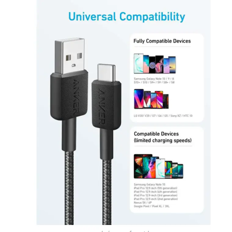 Cable trenzado Anker 322 PowerLine USB-A a USB-C, 0.9 m, 15 W, Color Negro 4