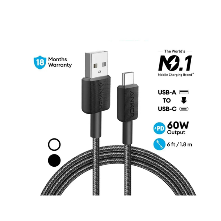 Cable trenzado Anker 322 PowerLine USB-A a USB-C, 1.8 m, 60W, Color Negro 2