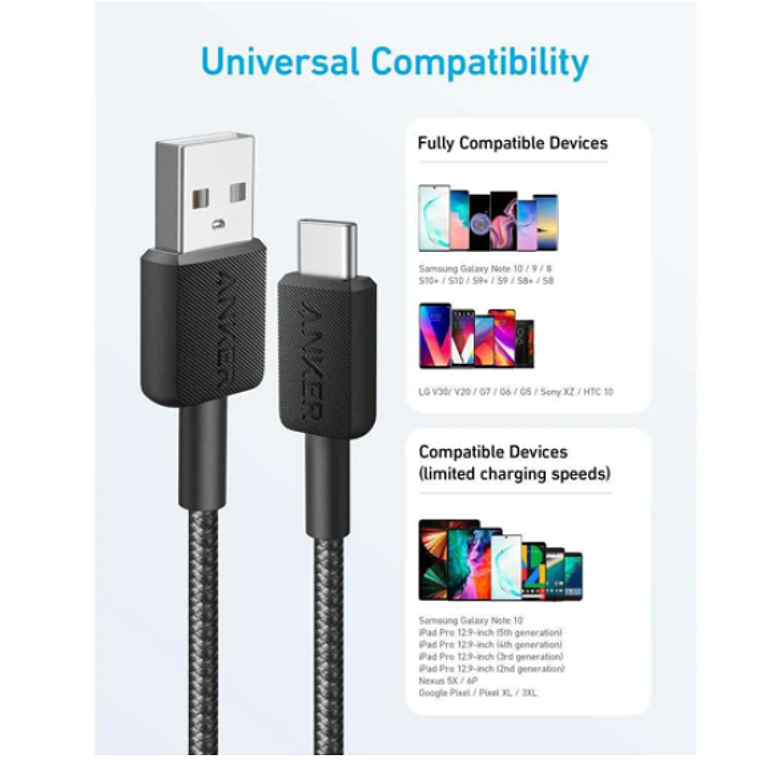 Cable trenzado Anker 322 PowerLine USB-A a USB-C, 1.8 m, 60W, Color Negro 5