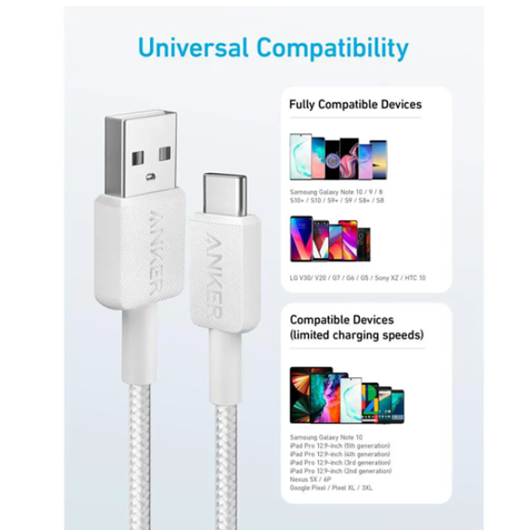 Cable trenzado Anker 322 PowerLine USB-A a USB-C, 1.8 m, 60W, Color Blanco 5