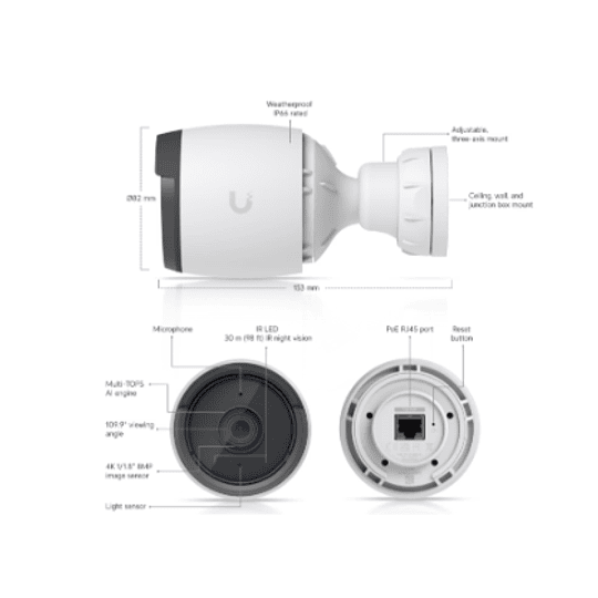 Cámara de red tipo bala para exteriores Ubiquiti UniFi G6 4K UHD con visión nocturna (blanca)